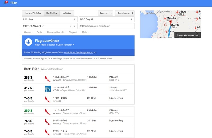 Google Flight Preisübersicht Lima - Bogota
