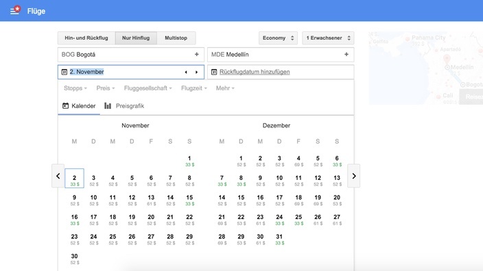 Google Flights Suche Bogotá - Medellín