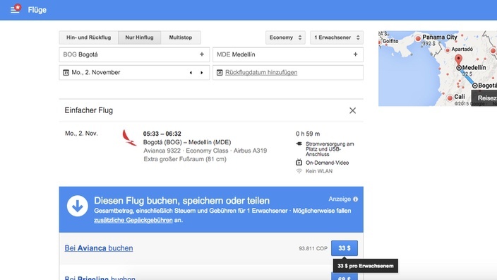 Google Flights Suche Bogota - Medellin